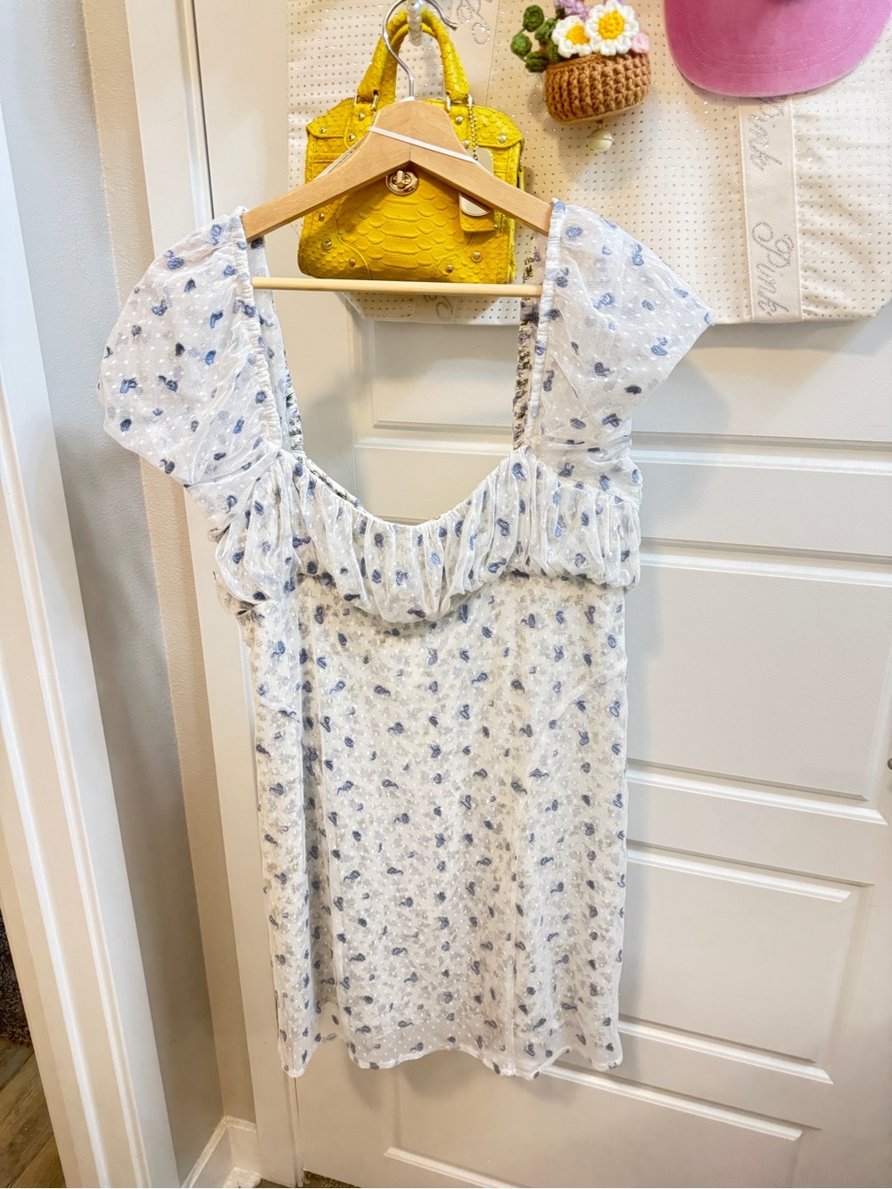 Free People White Mini Dress with Blue Floral Motif